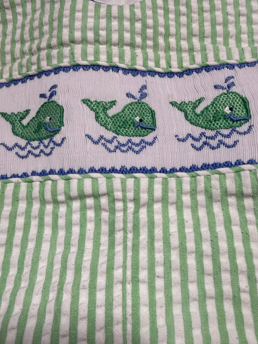 Vintage Kelly's Kids Green Seersucker Smocked Whale Romper 6 Mo Boys